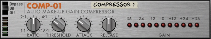 screen capture of the COMP-01 device in the Reason Rack. It is a plain grey half-rack size device, with simple controls.