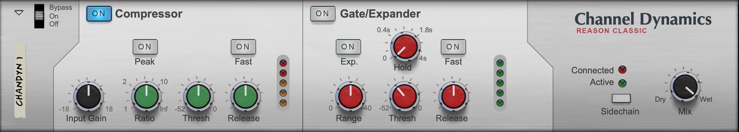 screen capture of the Channel Dynamics device in the Reason Rack. It is a plain grey device, with a Compressor and Gate/Expander section.