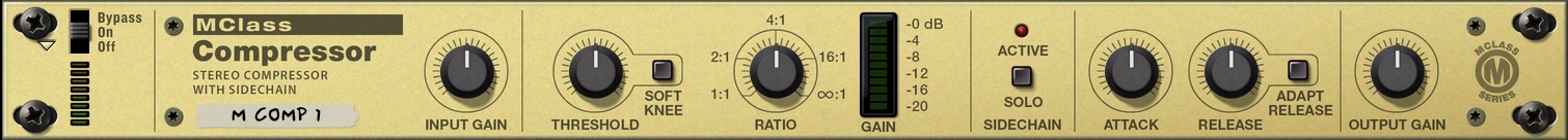 screen capture of the M Class Compressor device in the Reason Rack. It is a half-height goldish-yellow device, with simple controls