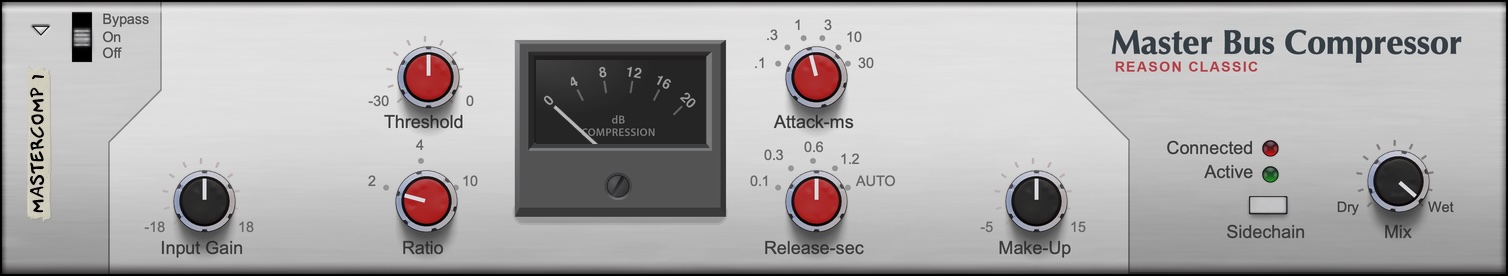 screen capture of the Master Bus Compressor device in the Reason Rack. It is a plain grey device, with a prominent analog-style VR meter in the middle.