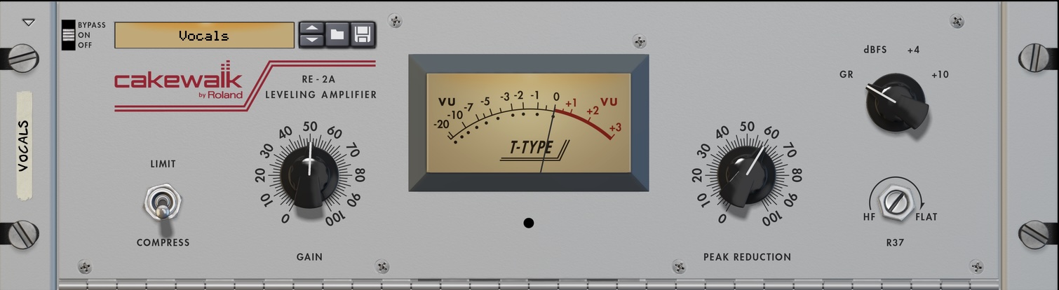 screen capture of the RE-2A Leveling Amplifier device in the Reason Rack. It's a plain grey device, with very vintage looking controls and a prominent backlit VU meter.