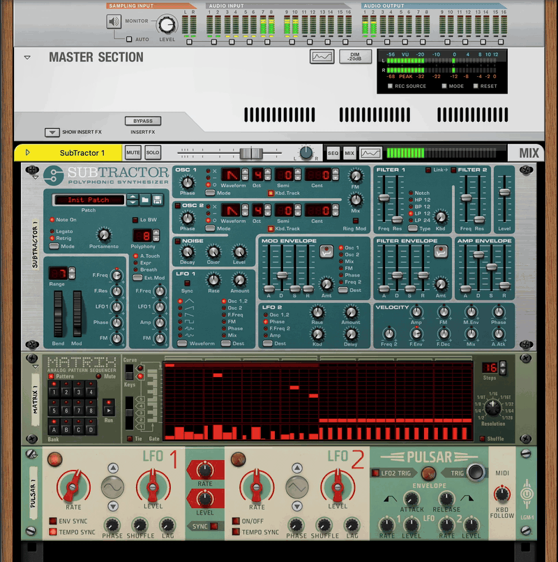 Animated gif showing the Reason device rack flipping back and forth from front (knobs, switches, meters) to rear (wires and plugs)